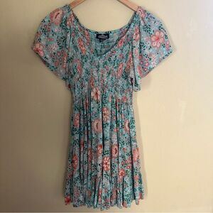 Floral Smocked Short-Sleeve Dress in Aqua and Coral - Unknown Brand